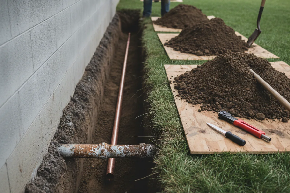 Excavated water line trench during Water Softener Installation in Shandaken